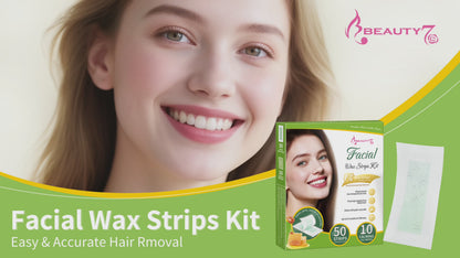 Beauty7 Facial Wax Strips-Eyebrow Wax Strips-50 Waxing Strips for Face, Lip,10 Calming Oil Wipes, Ready Use At Home Waxing Kit for All Skin Types