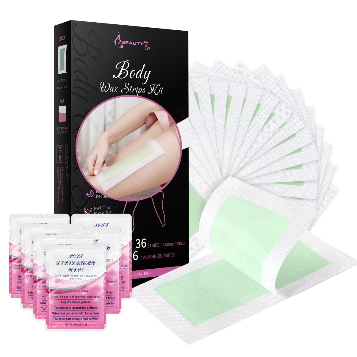 Beauty7 Wax Strips Hair Removal Body Wax Strips 36 Strips 6 Calming Oil Wipes