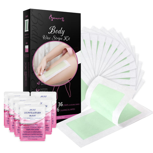 Beauty7 Wax Strips Hair Removal Body Wax Strips 36 Strips 6 Calming Oil Wipes
