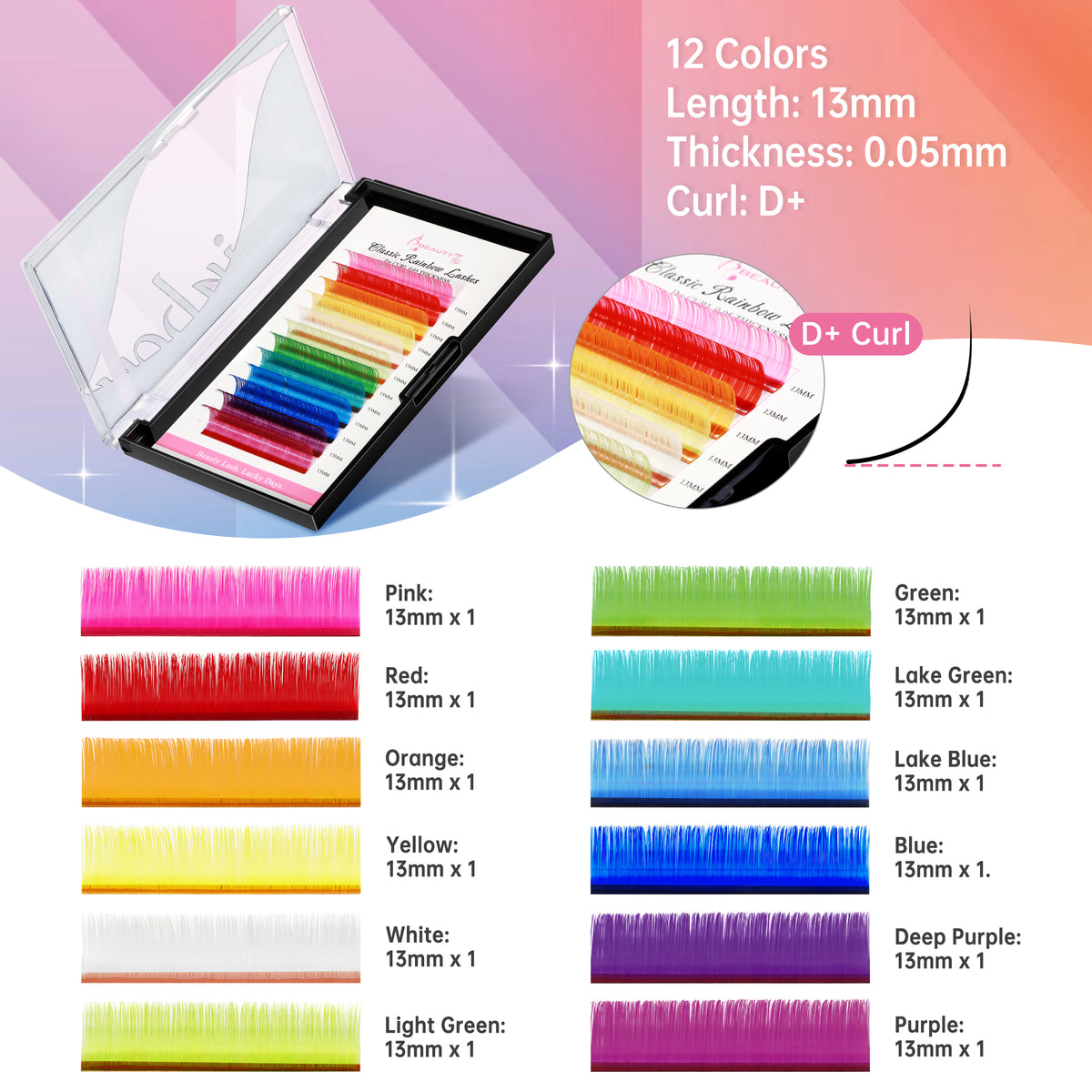 Colored Lashes 12 Colors Classic 0.05 D+